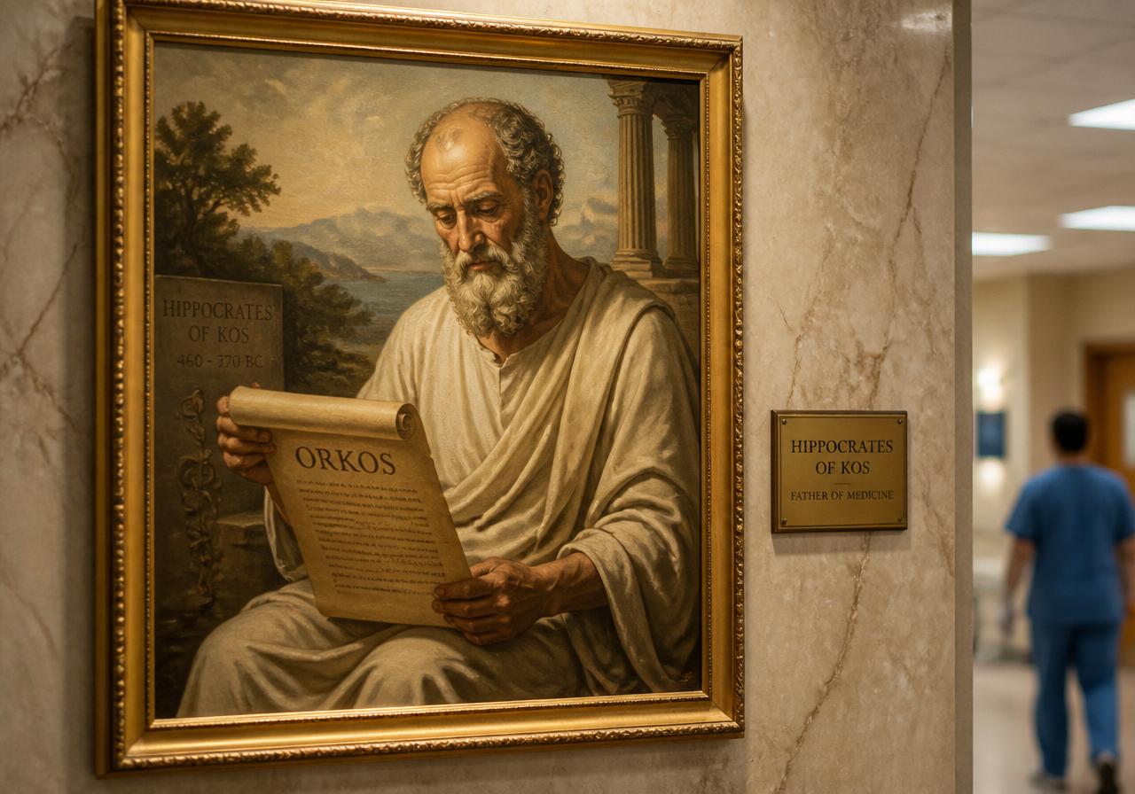 Framed portrait of Hippocrates of Kos reading the original Oath, hung in a hospital corridor