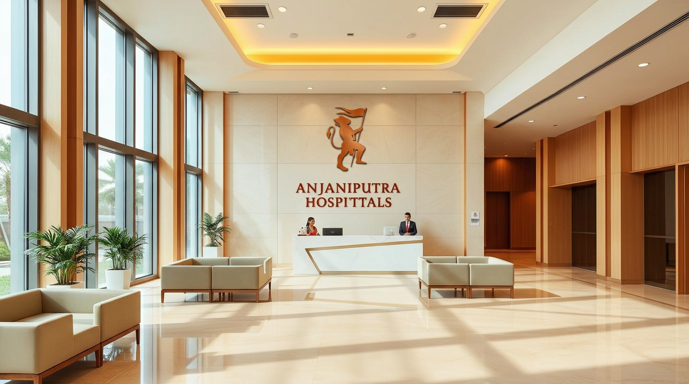 Anjaniputra Hospitals Hyderabad reception lobby with brand signage