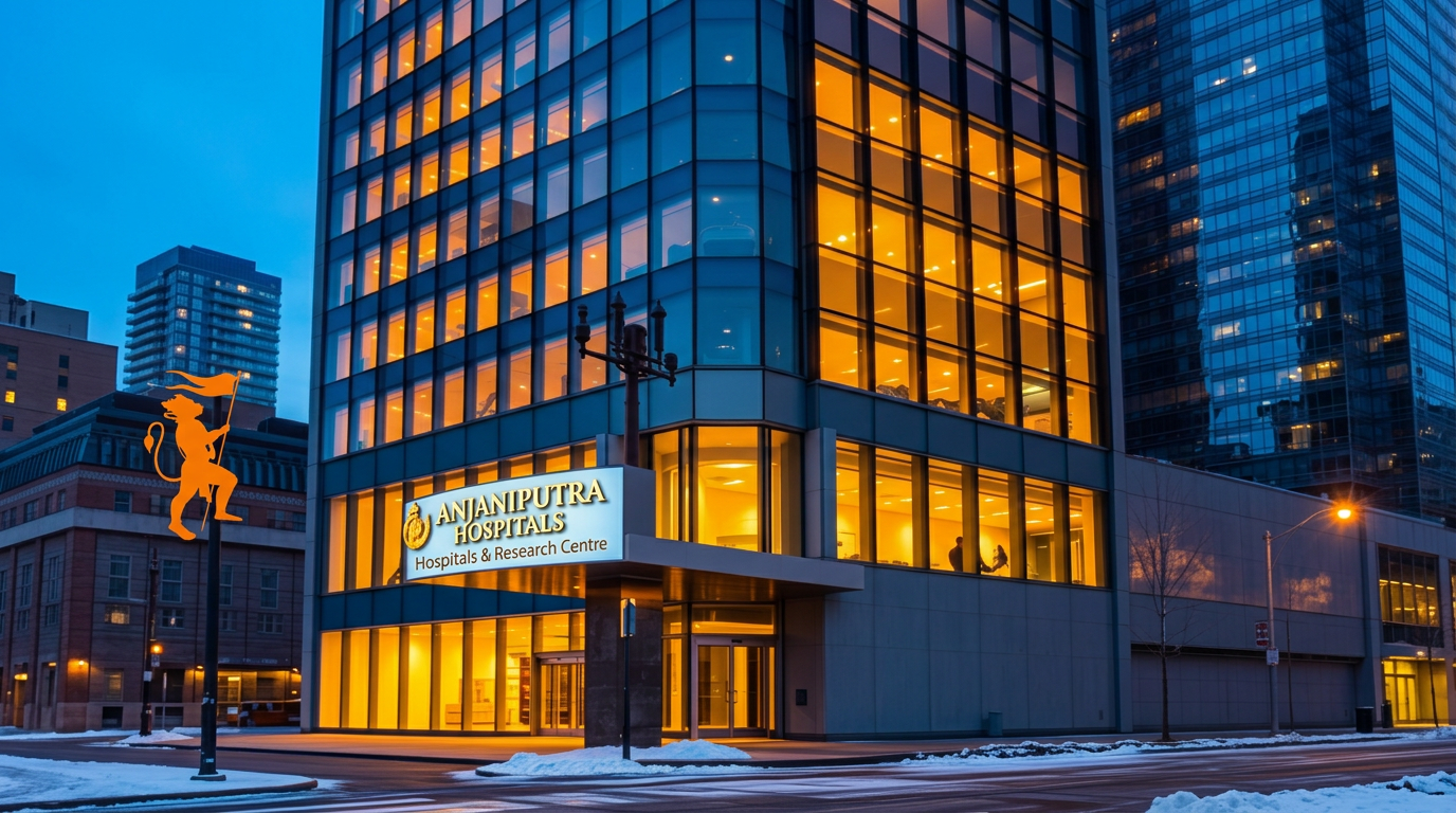 Anjaniputra Hospitals Toronto partner centre glass tower at dusk